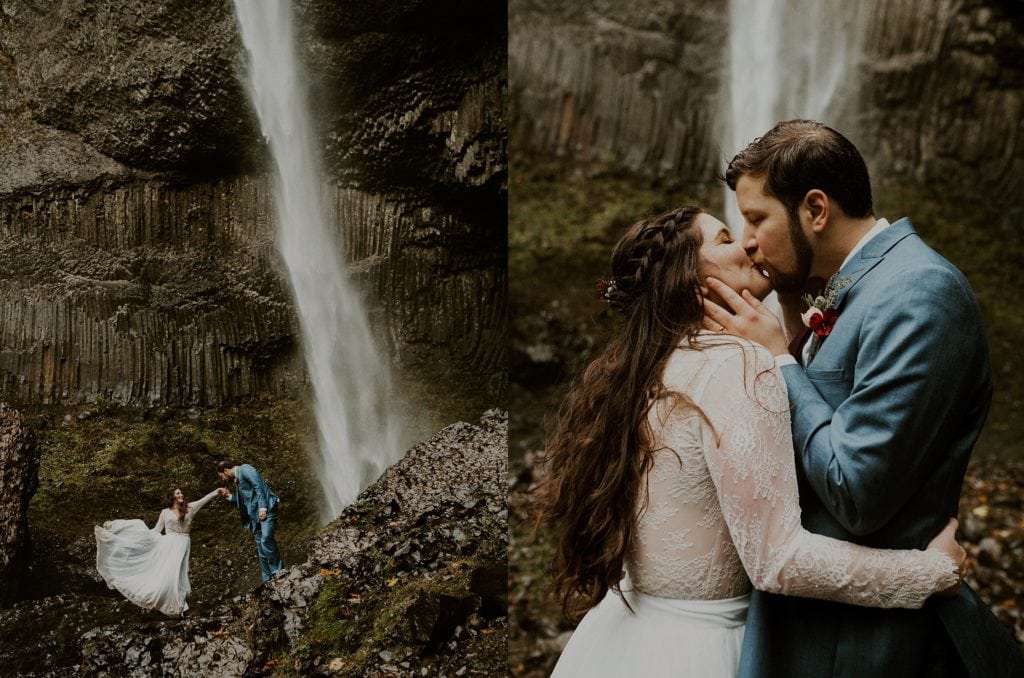 bride and groom at latourell falls