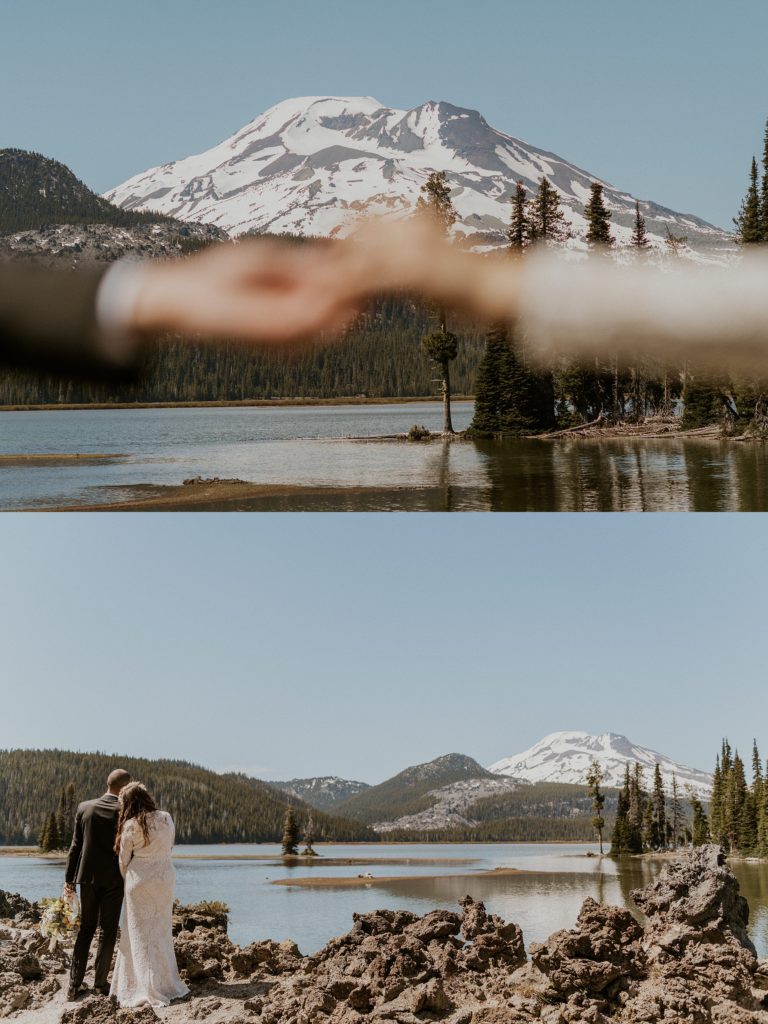 bride and groom looking at sparks lake view