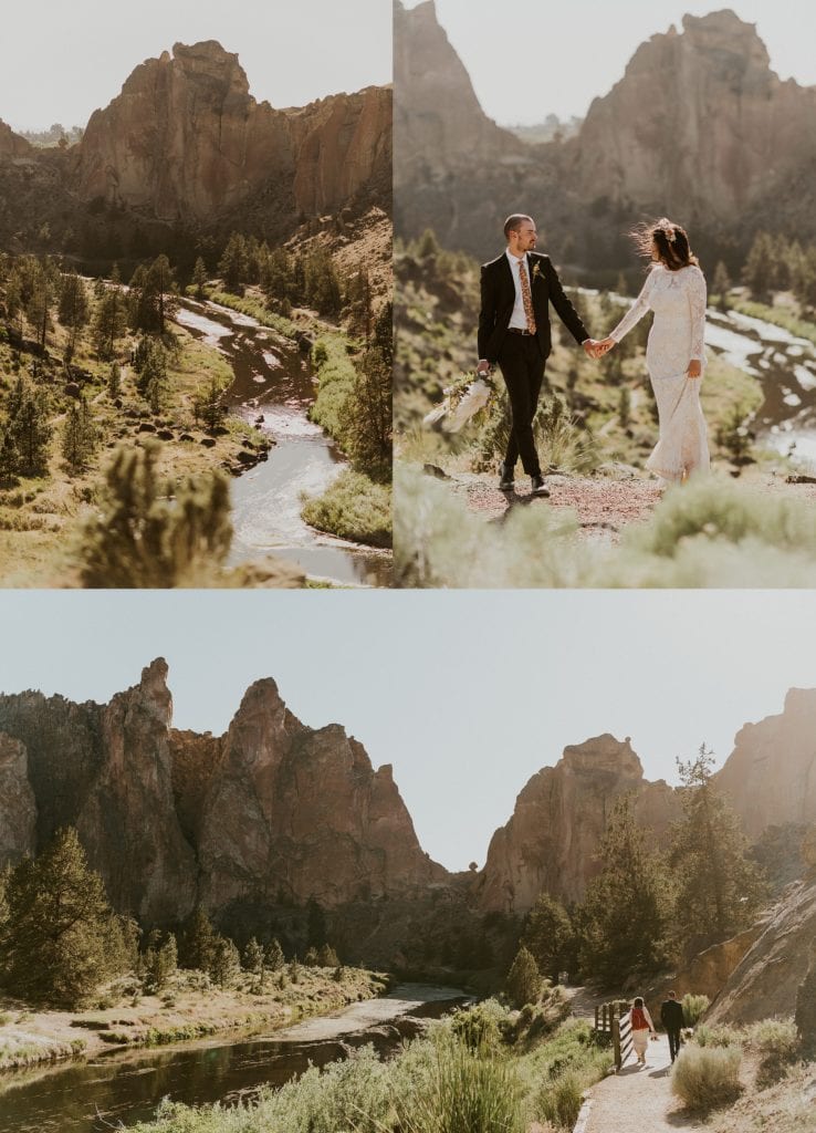 bride and groom hiking at smith rock 