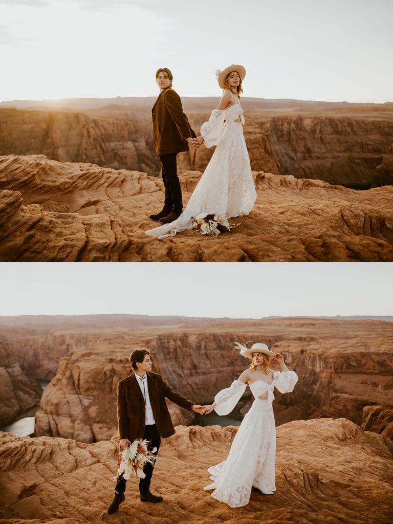 couple holding hands at horseshoe bend