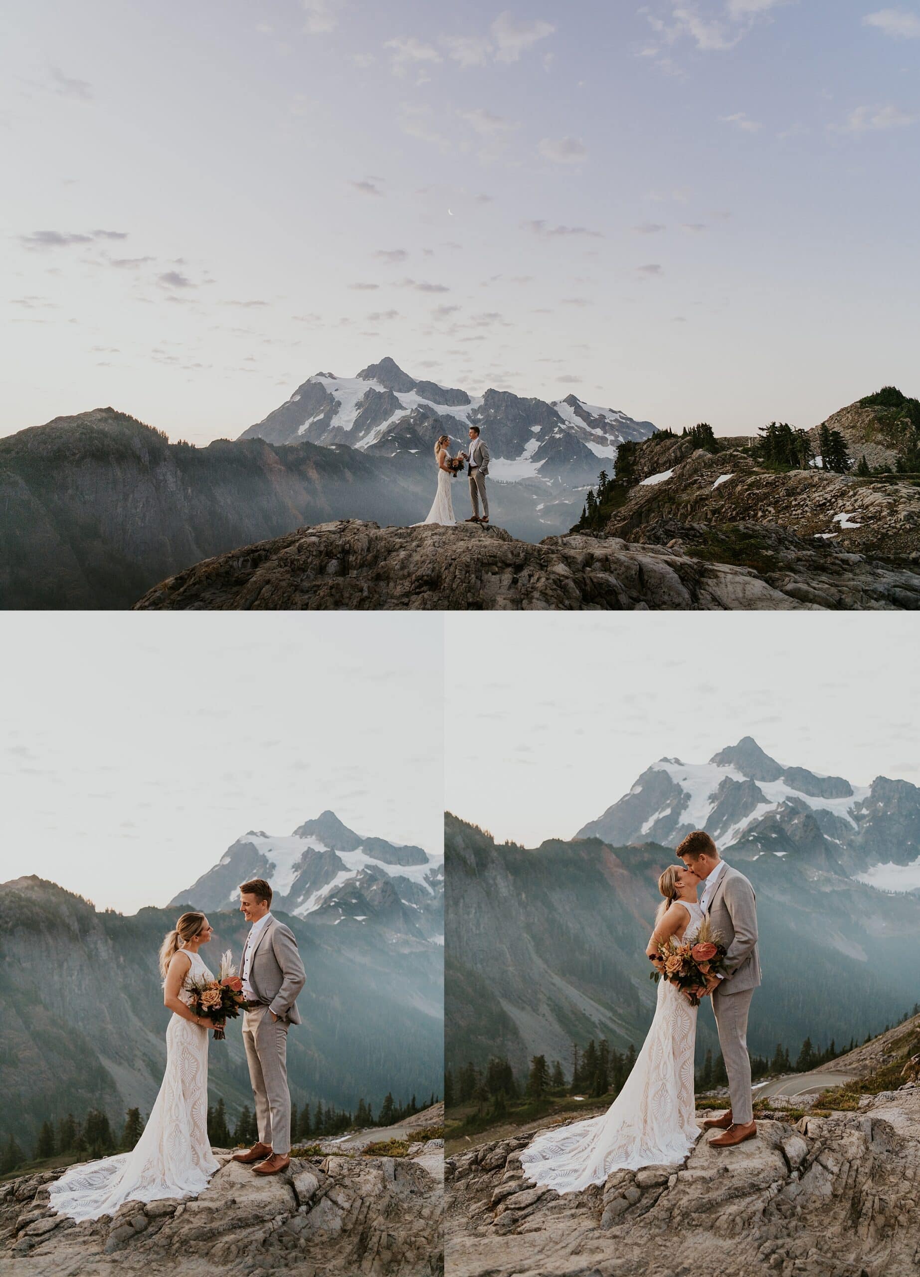 bride and groom on rock in view of mt. baker 