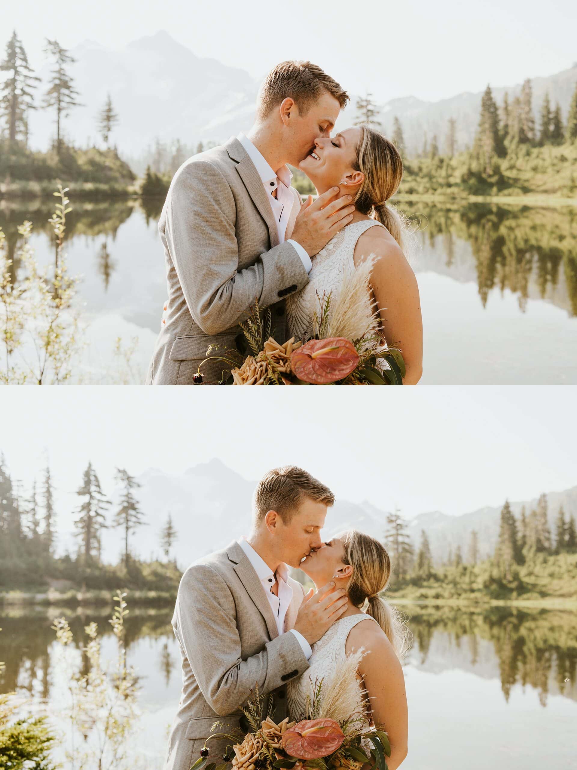 couple at lake kissing 