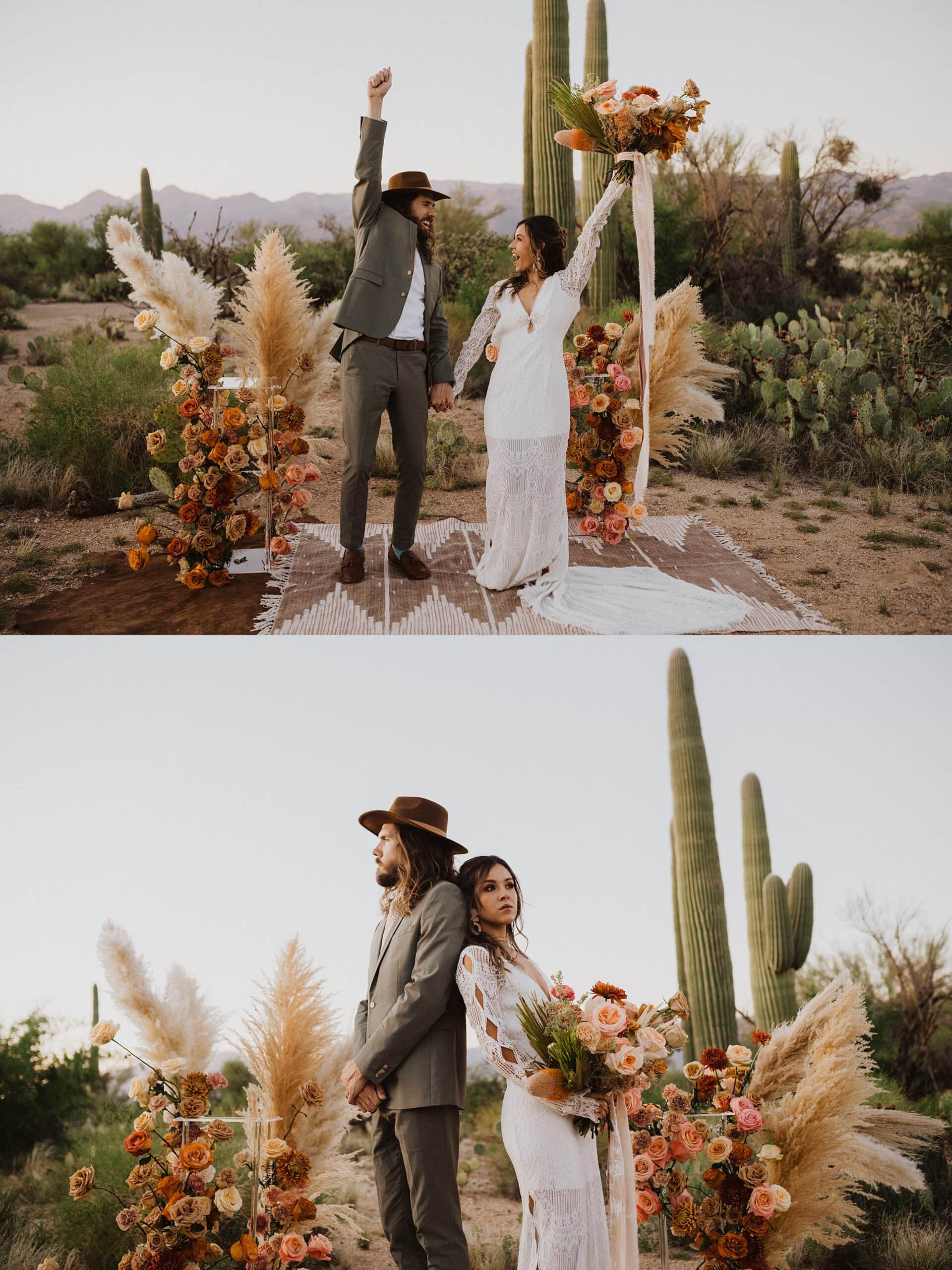 couple holding flowers at saguaro national park 