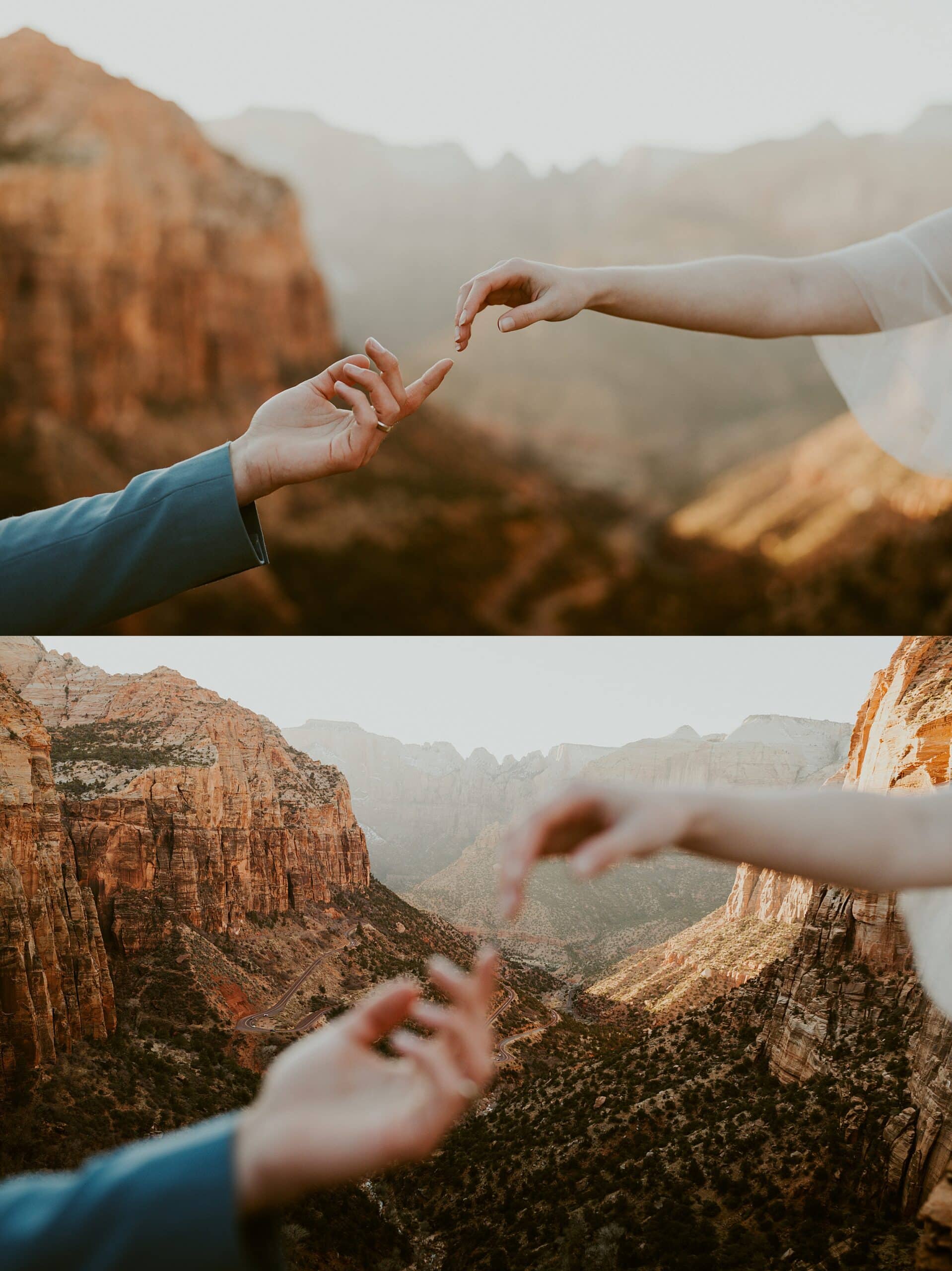 couple posing hands valley landscape