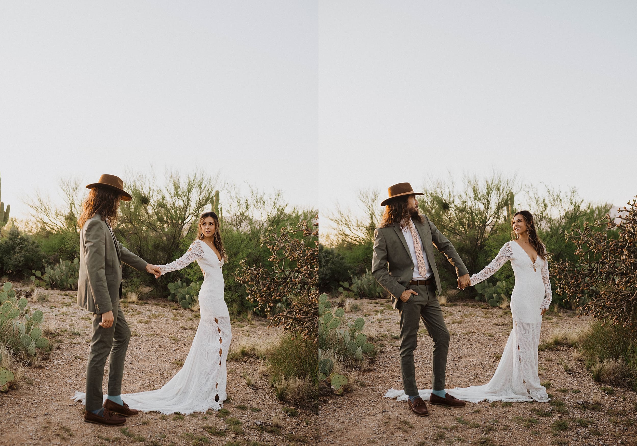 bride and groom standing together desert landscape
