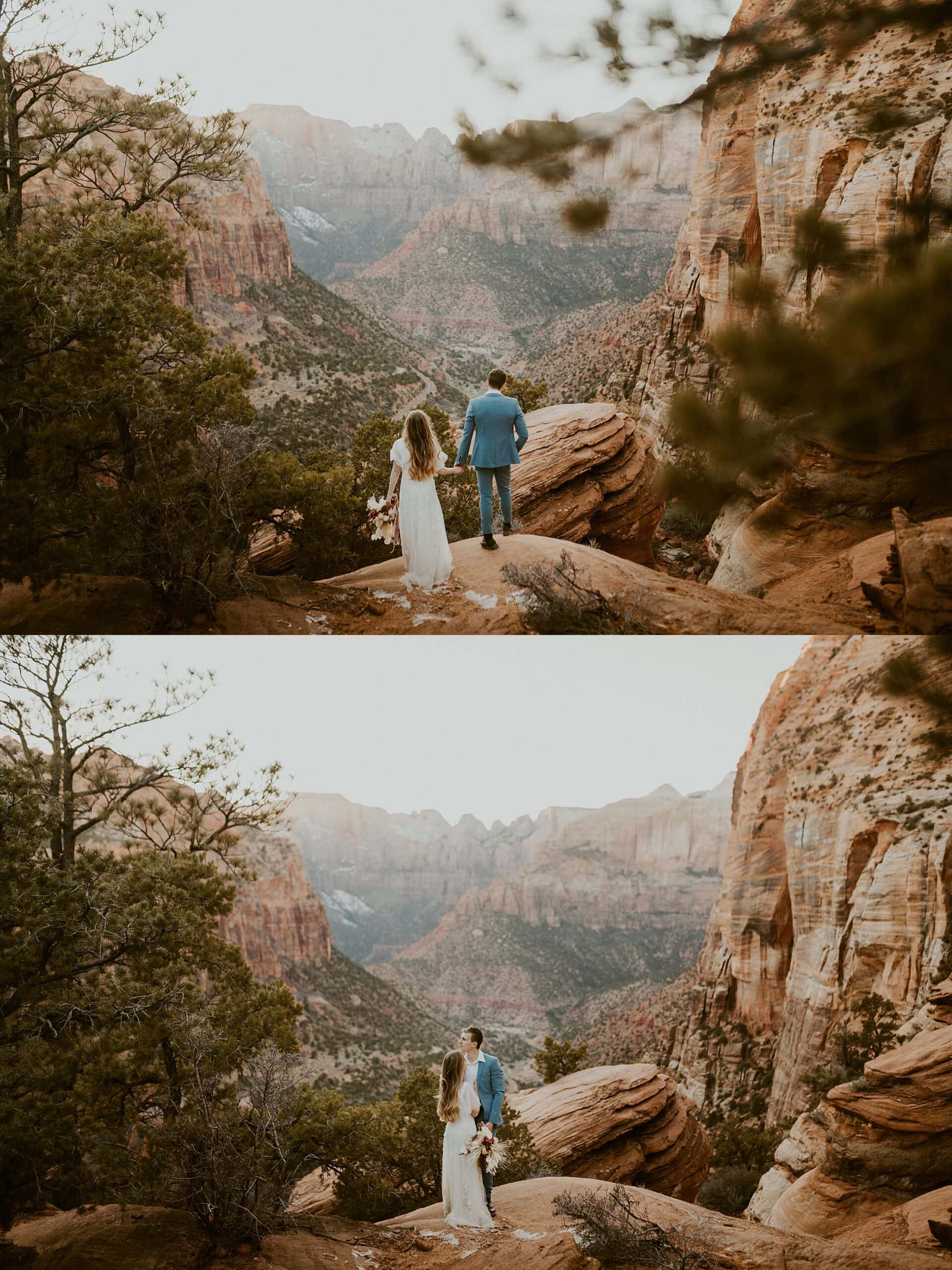 bride and groom holding hands zion national park 

