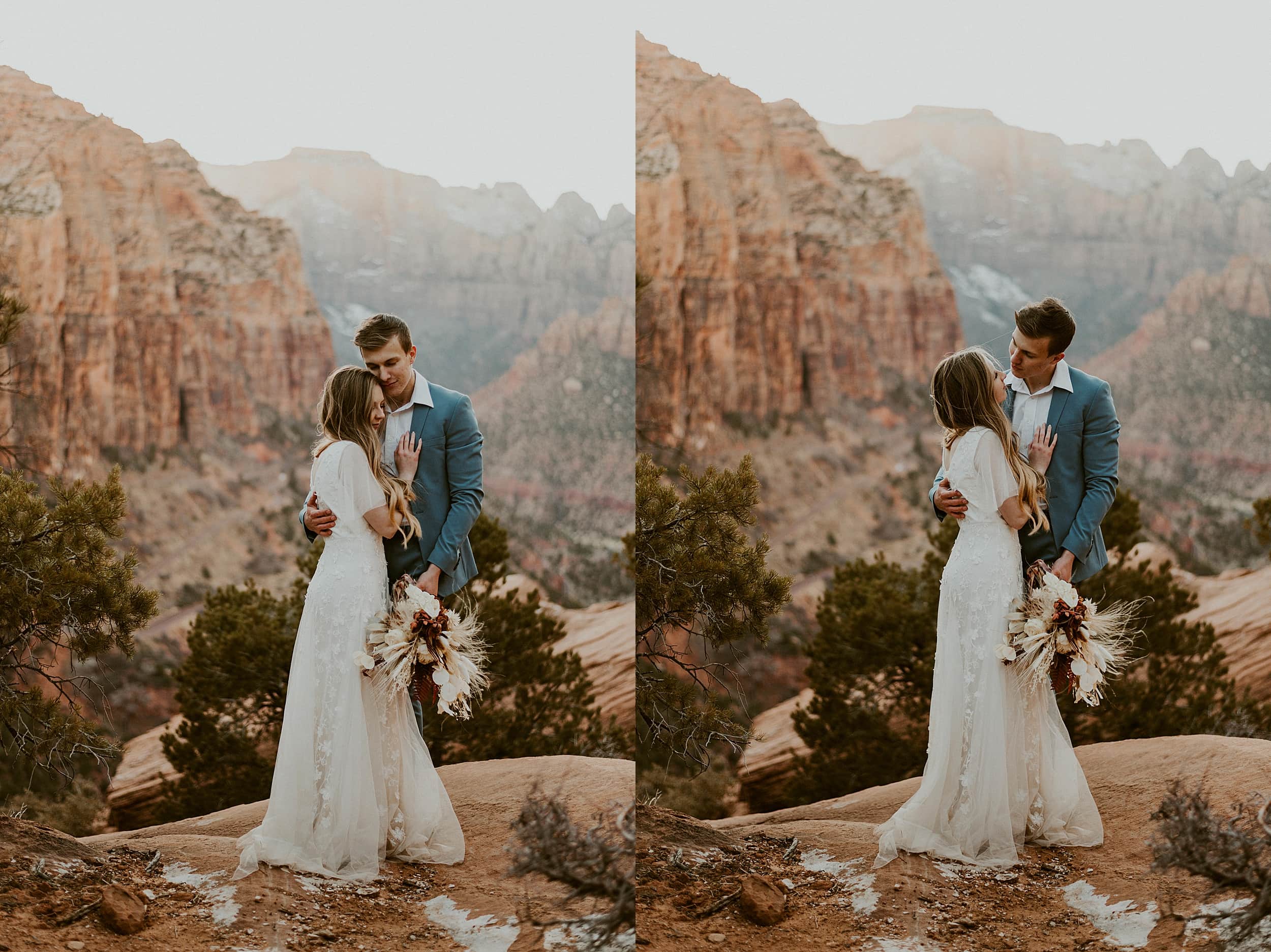 bride and groom holding each other zion national park 
