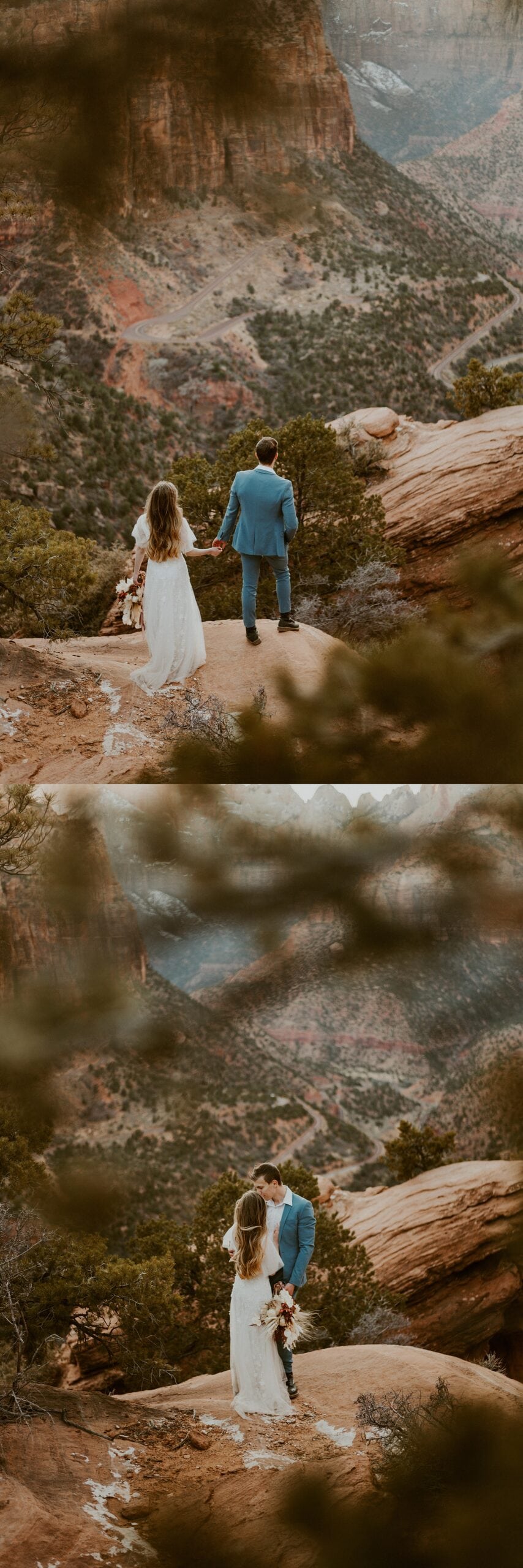 bride and groom holding each other zion national park 

