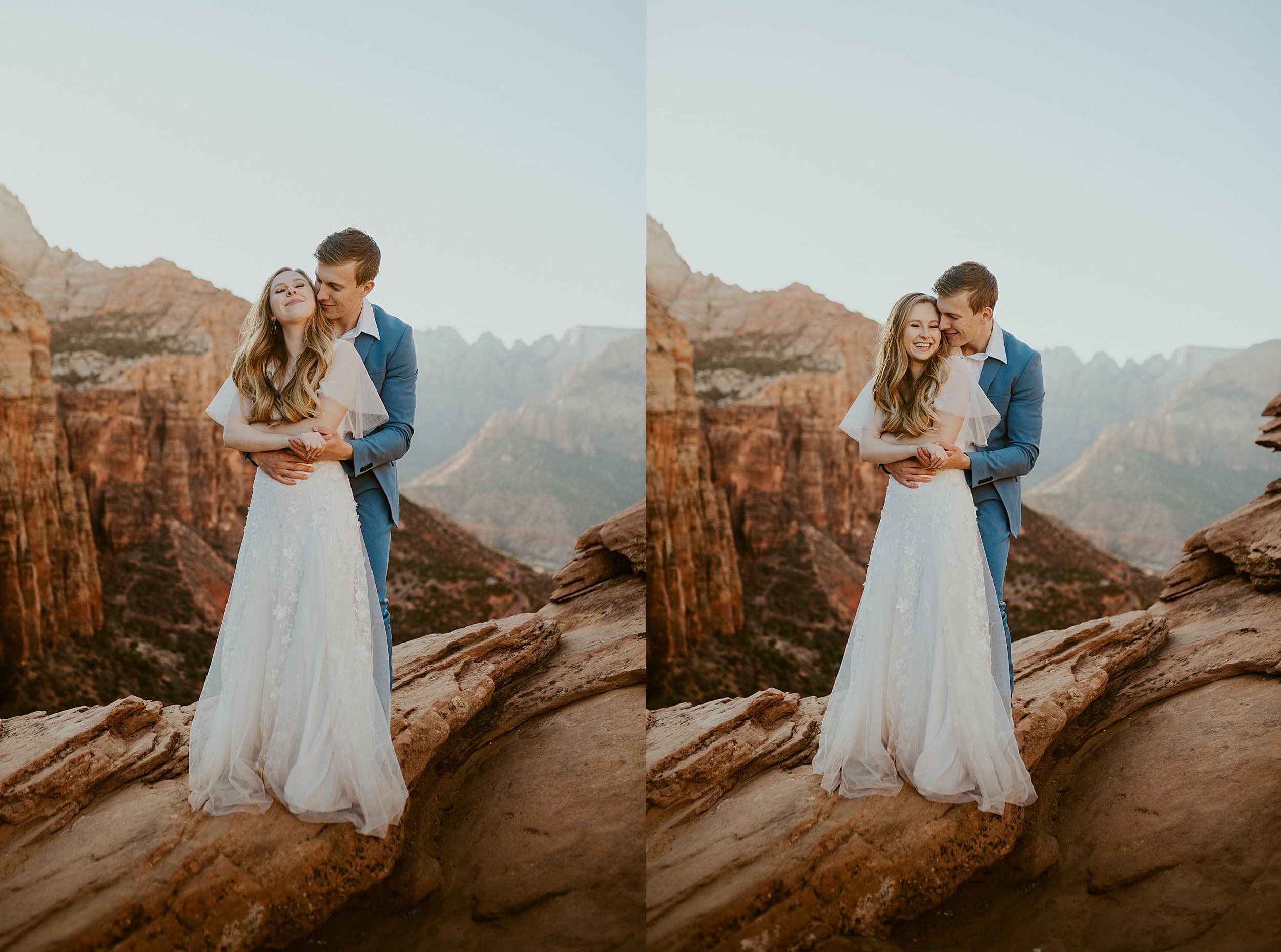bride and groom hugging zion national park 
