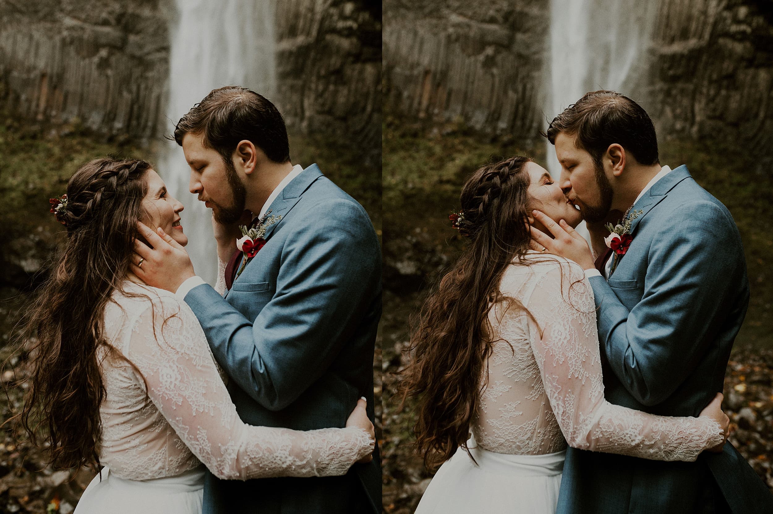 bride and groom kissing manoa falls landscape