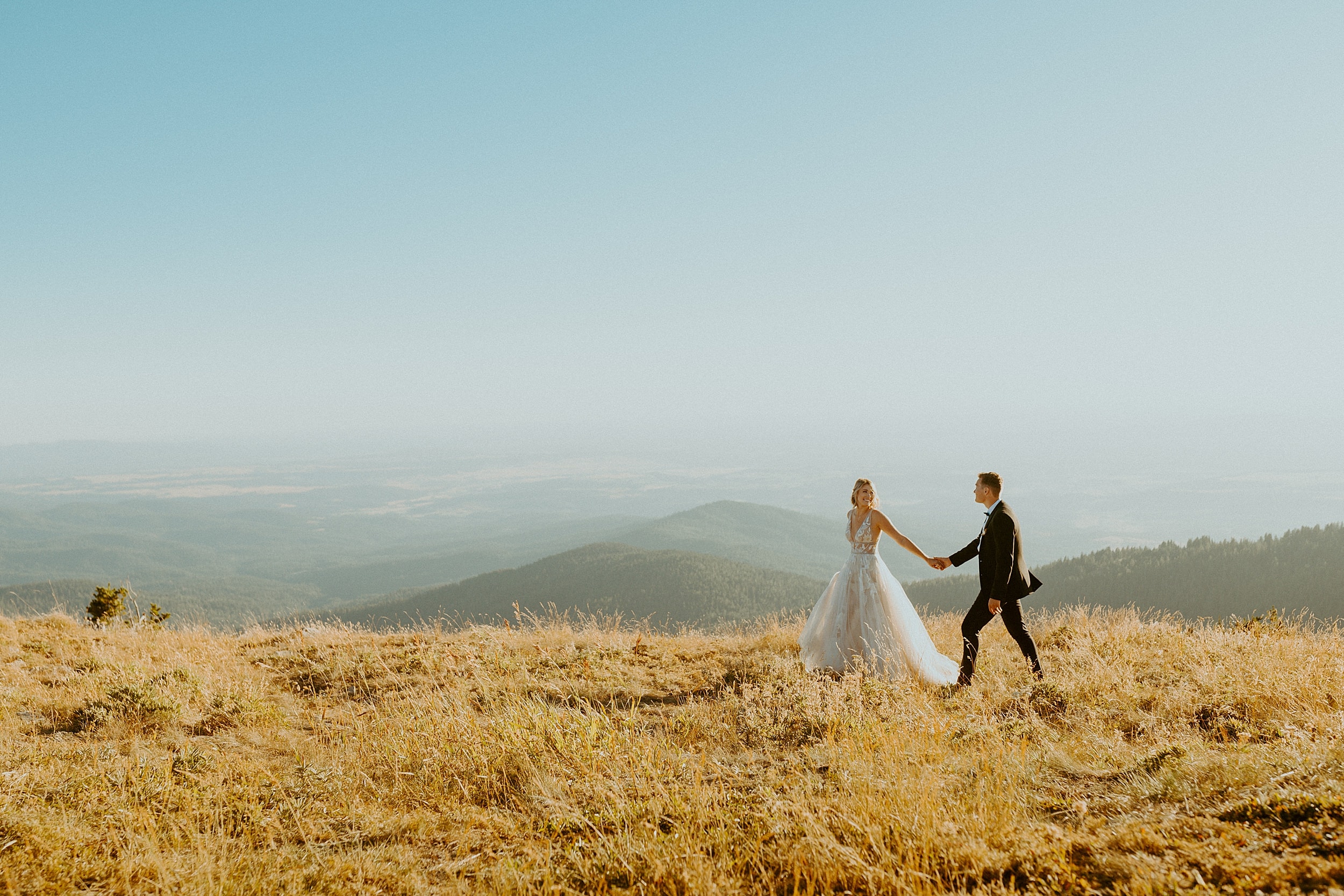 bride and groom walking together olympic national park landscape