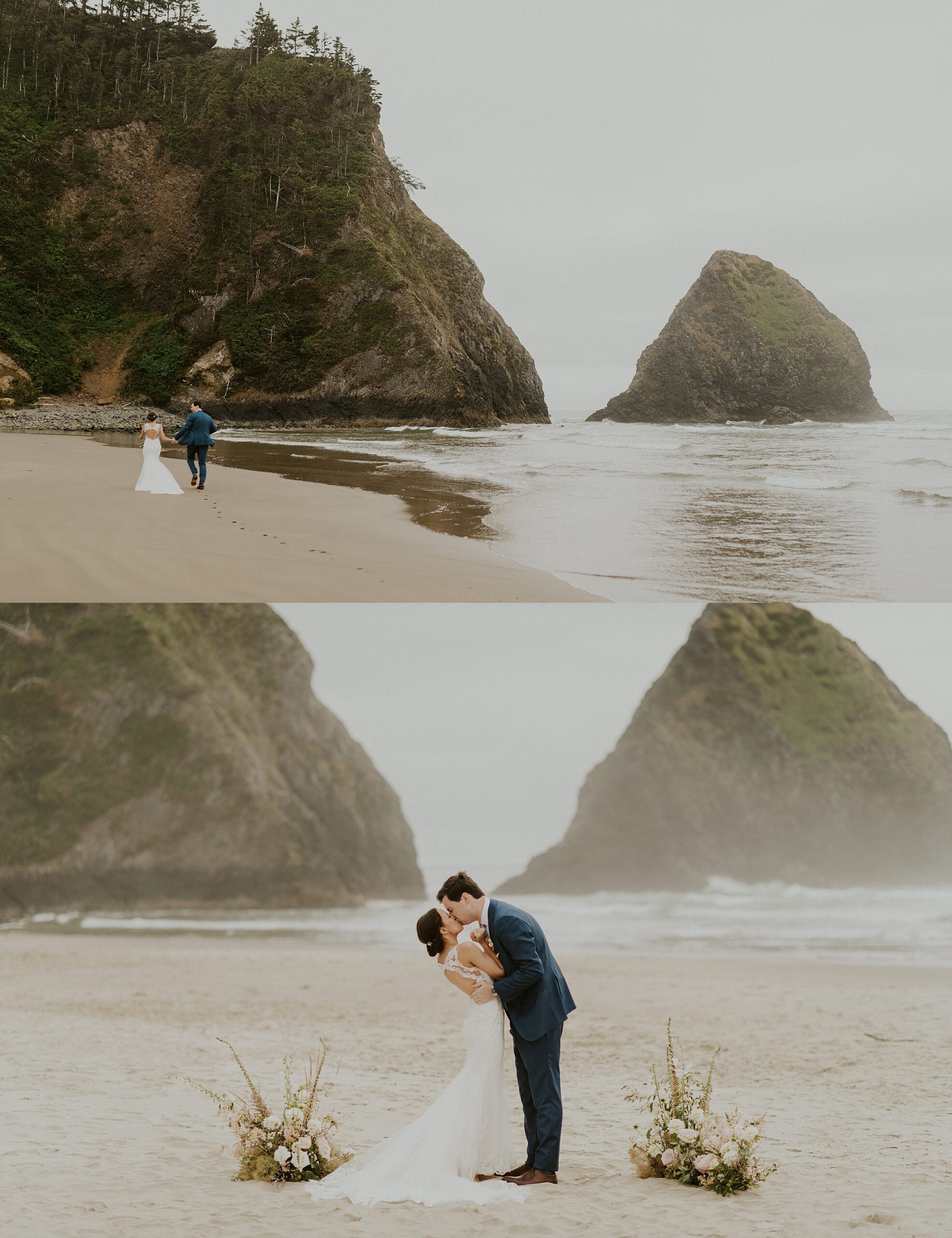 bride ang room walking together cannon beach landscape