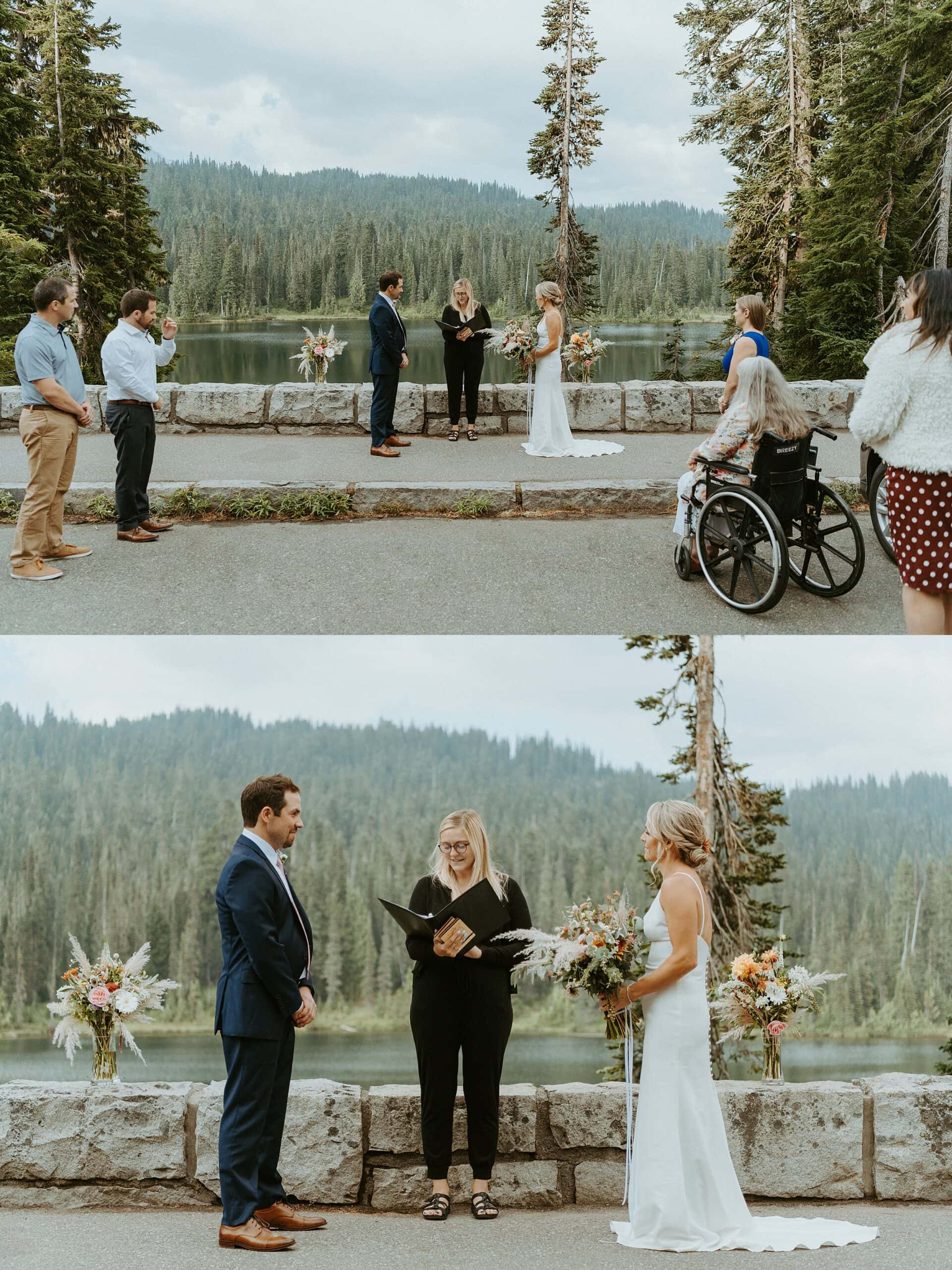 bride and groom looking at each other during elopement with wedding party forest landscape