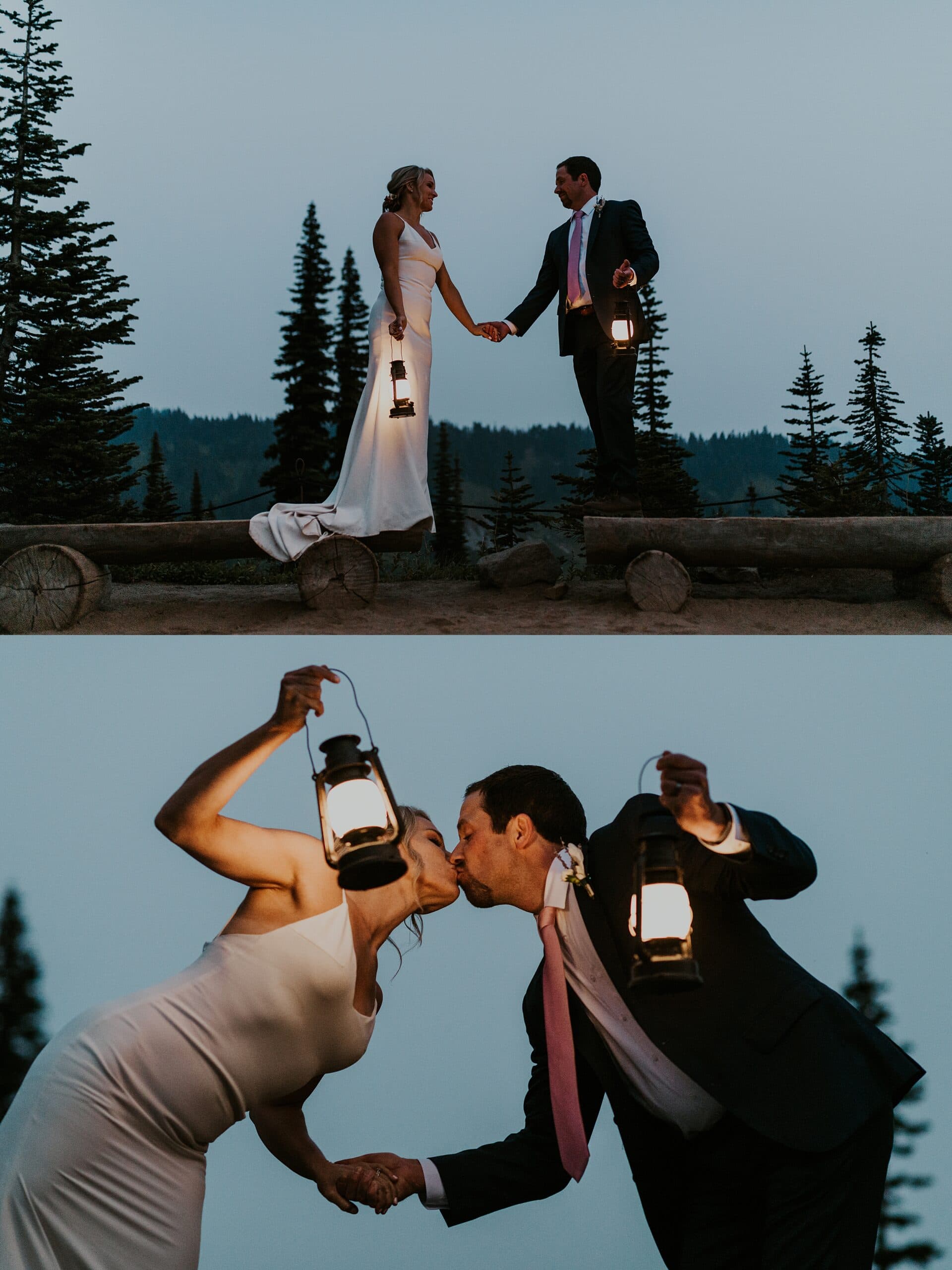 bride and groom kissing while holding lanterns forest landscape