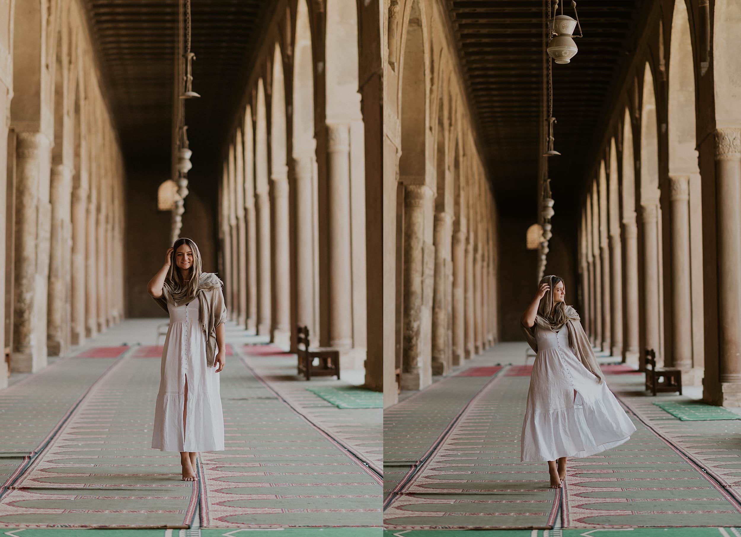 bride walking in egyptian arhitecture
