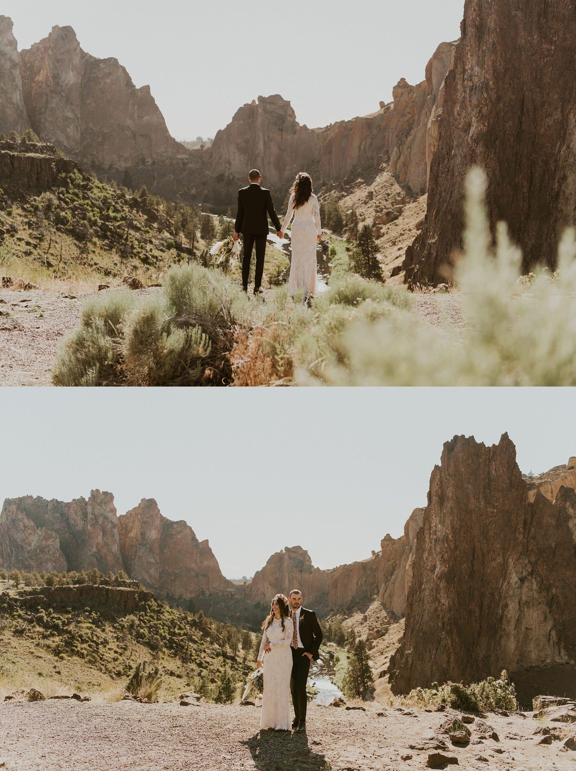 bride and groom standing together mountain and desert smith rock state park landscape

