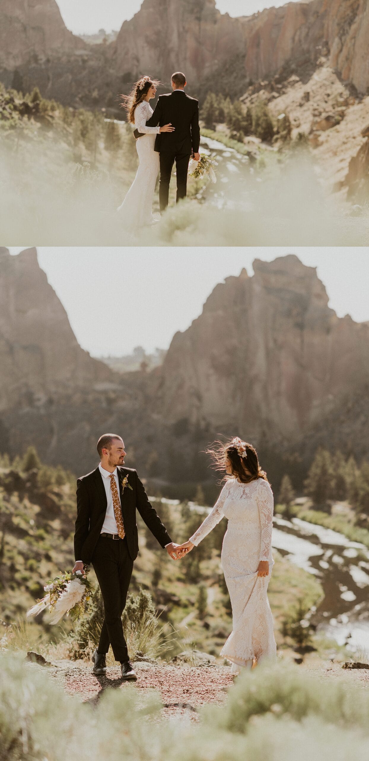 bride and groom holding hands smith rock state park landscape

