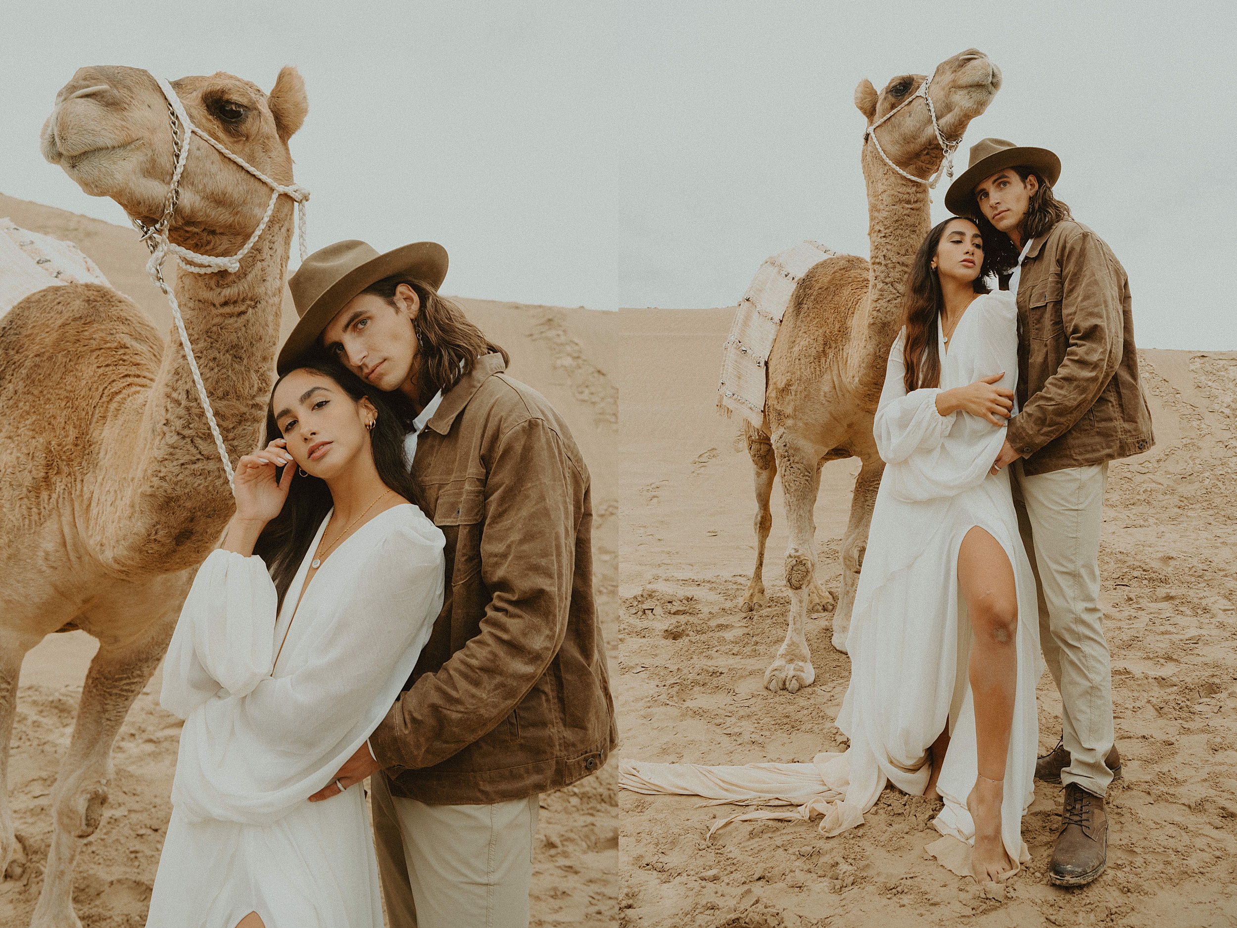 couple standing together near camel 
