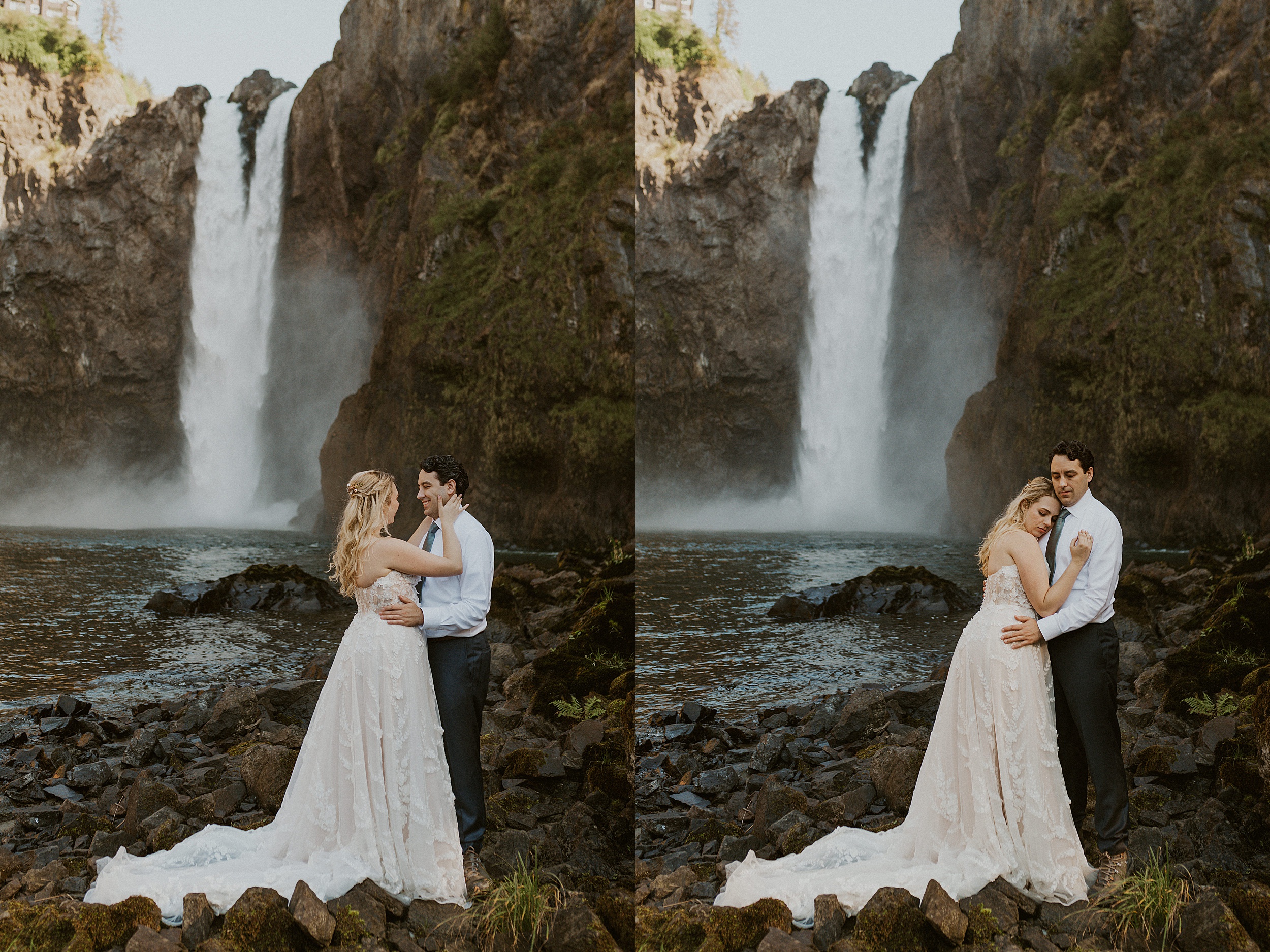 bride and groom in front of waterfall
