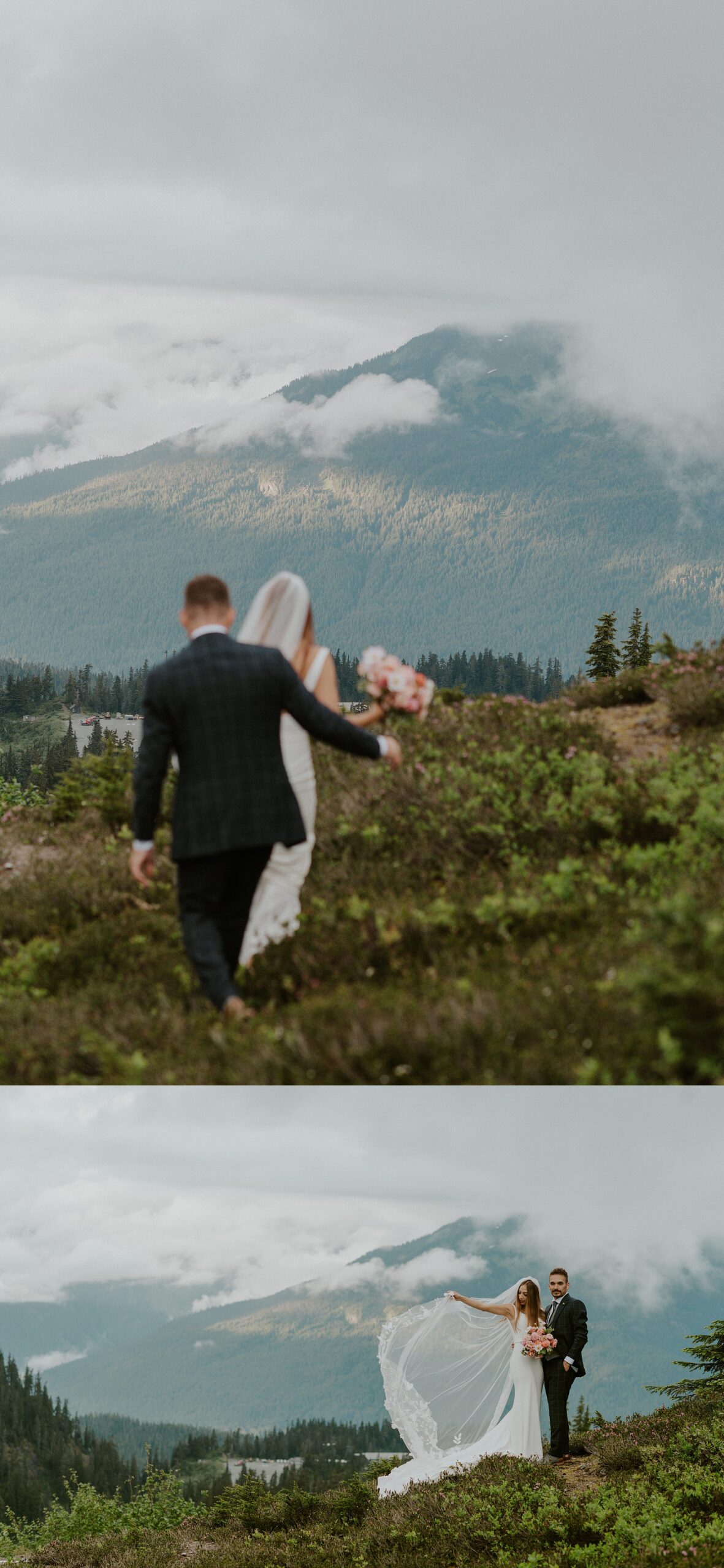 bride and groom walking through wildflowers