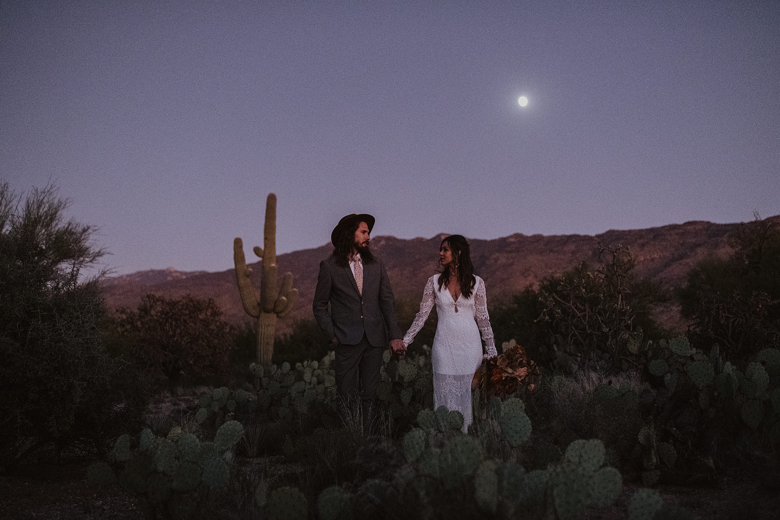 blue hour wedding photos in saguaro national park