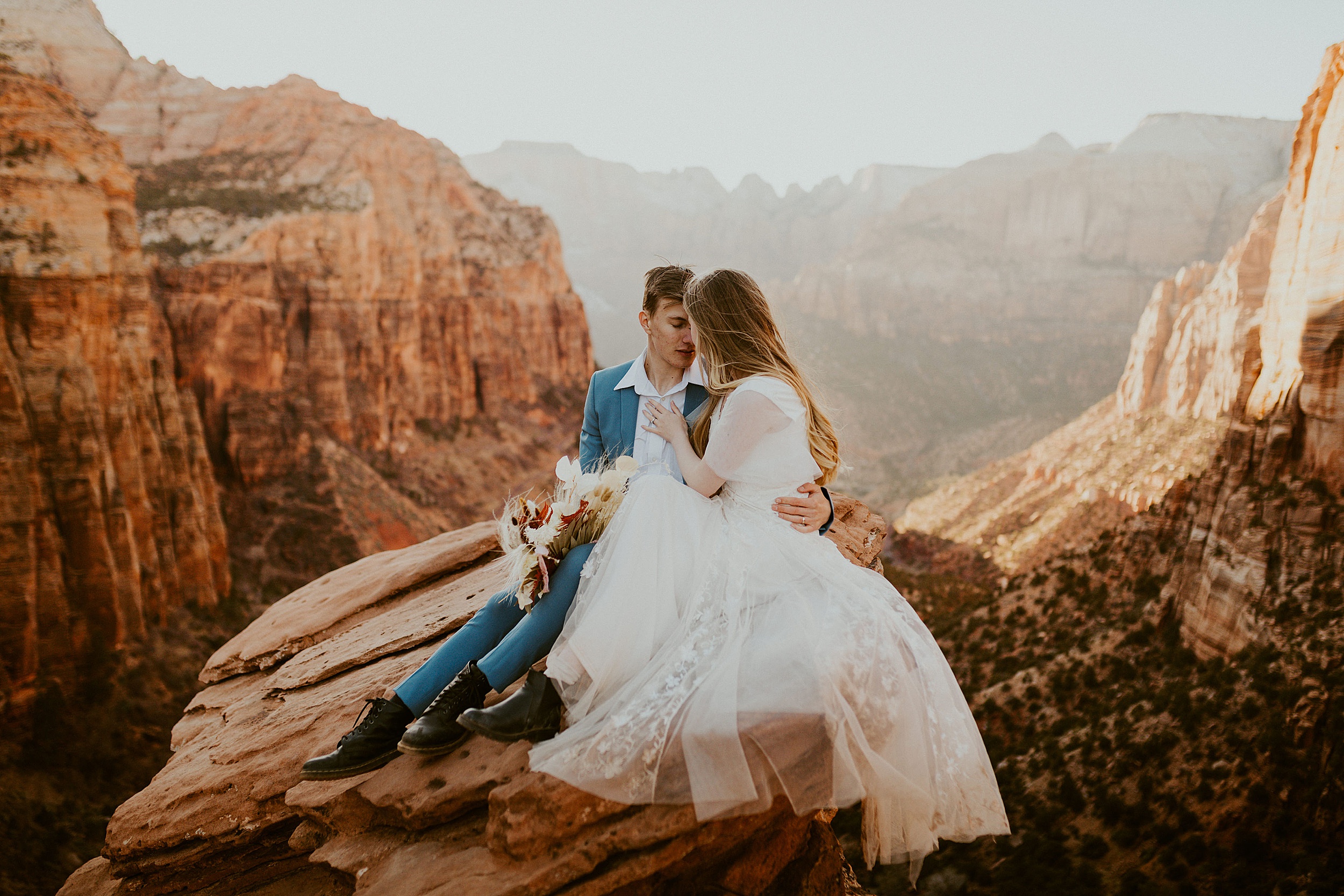 bride and groom in zion national park