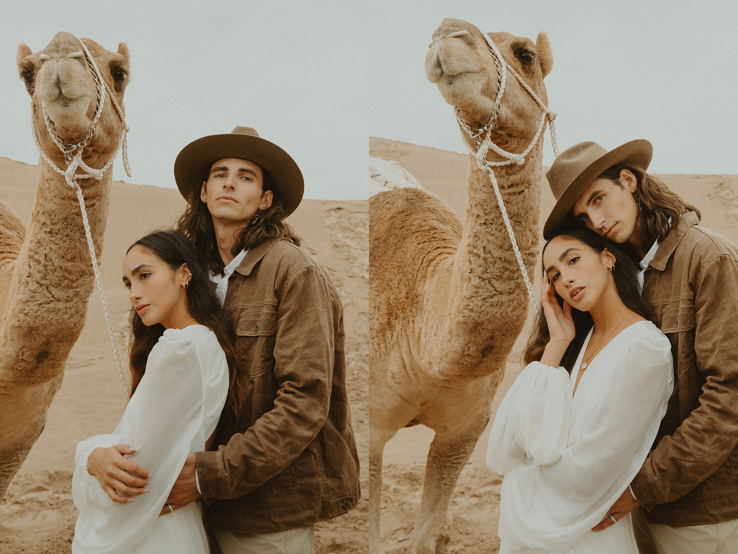 bride and groom with camel in desert